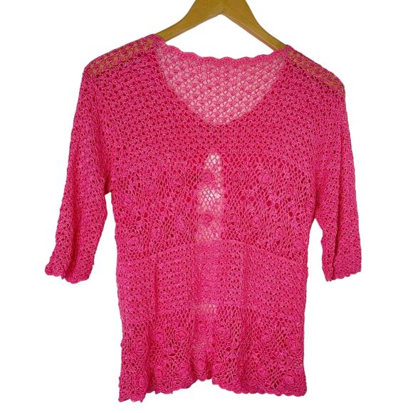 Knit Pink Cardigan Crochet Short Sleeve - Picture 2 of 8